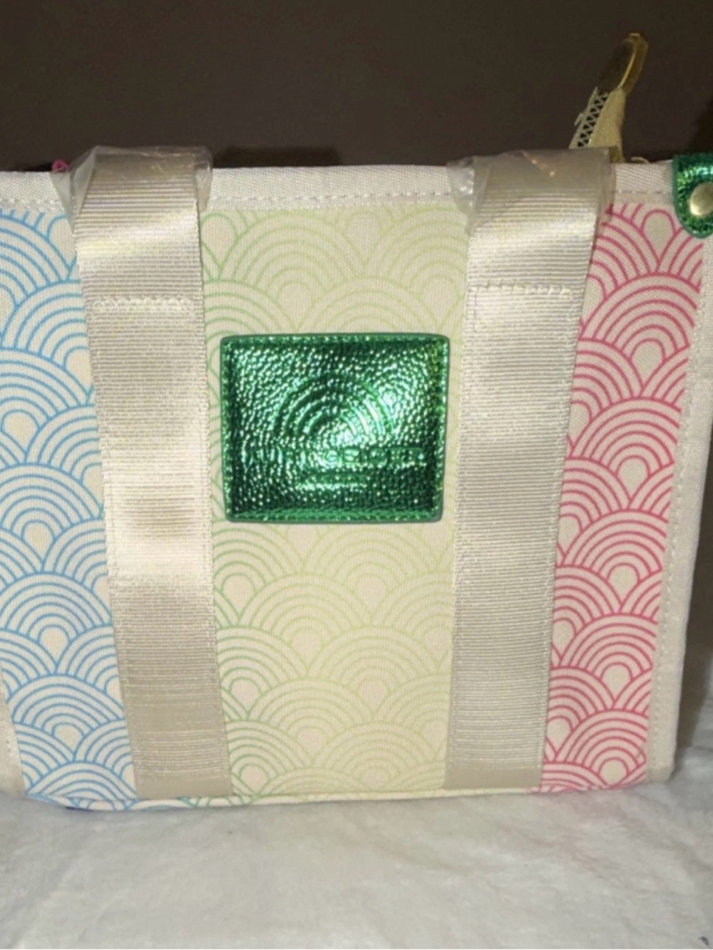 Multicolor Wave-Pattern Cosmetic Bag with Metallic Green Accent